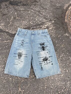 Light Wash Graphic Denim baggy  Shorts with Black Print